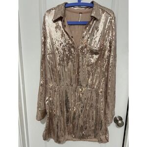 Damaged free People Sequin Shirt Dress Rose Gold Button Up Long Sleeve